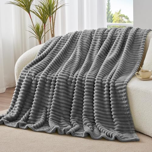 Image of BEDELITE Ribbed Fleece Throw Blanket for Couch, Grey, 50 inchx70 inch | Ultra-Soft Plush Fleece, Warm Yet Lightweight, Ribbed Texture, Home Decor, Machine Washable, Giftable, All-Season Use