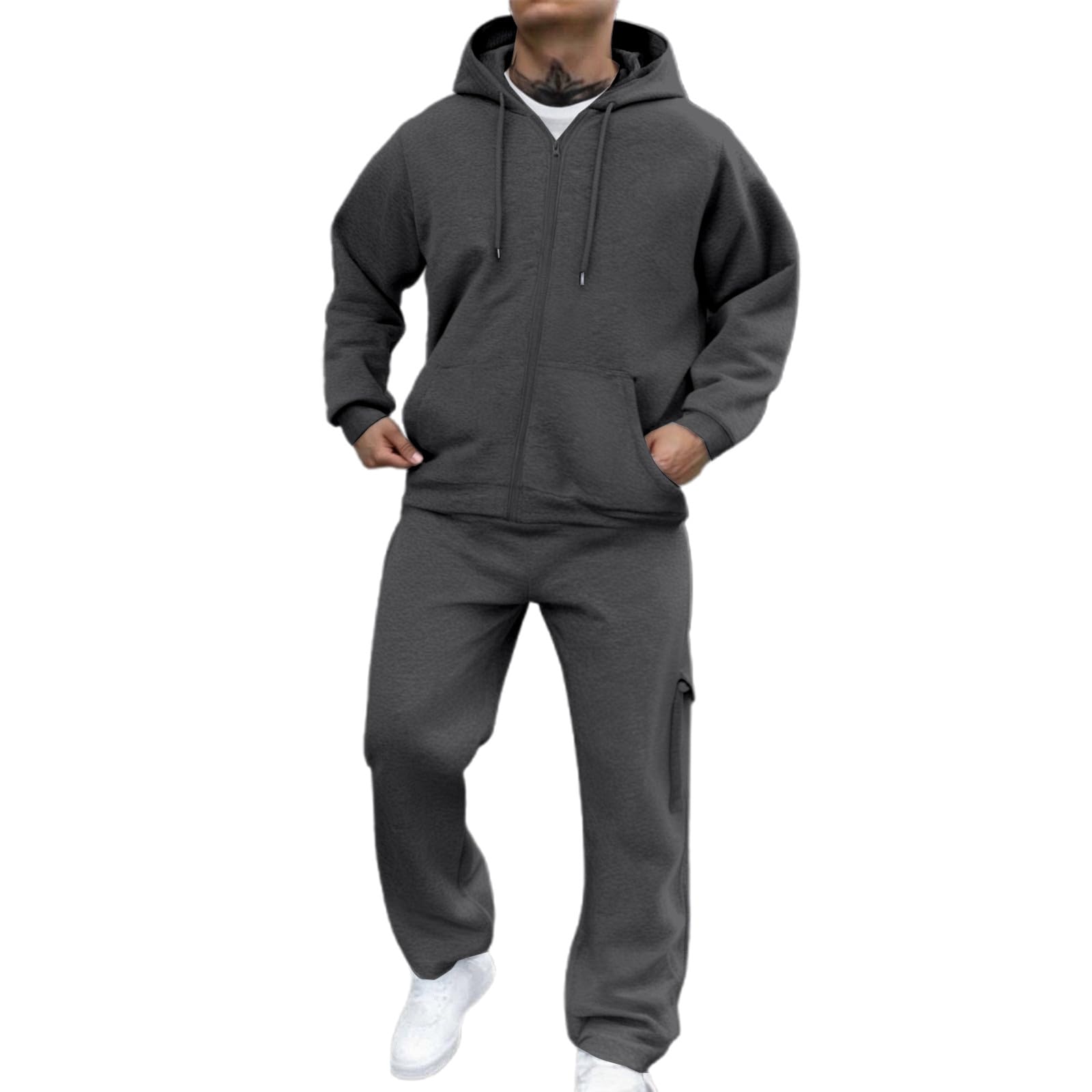 Generisch Joggingpak voor heren, trainingspak, vrijetijdspak, capuchontrui joggingbroek, ritssluiting, effen, tracksuit met letterprint, Y2K, zakken met capuchon, streetwear, ademende pasvorm, C5