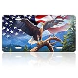 American Flag Bald Eagle License Plate Mountain Forest Bird License Plate Stainless Steel Front License Plate Vanity Tag Anti-Rust Funny for Car Decorative for Women Men 6 X 12 Inch with 4 Holes