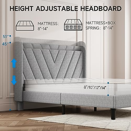 Image of koorlian Full Size Bed Frame, Full Bed with Headboard, Adjustable Upholstered Bed Frame with Type-C&USB Port, Wingback Storage Headboard, Noiseless, No Box Spring Needed, Light Gray