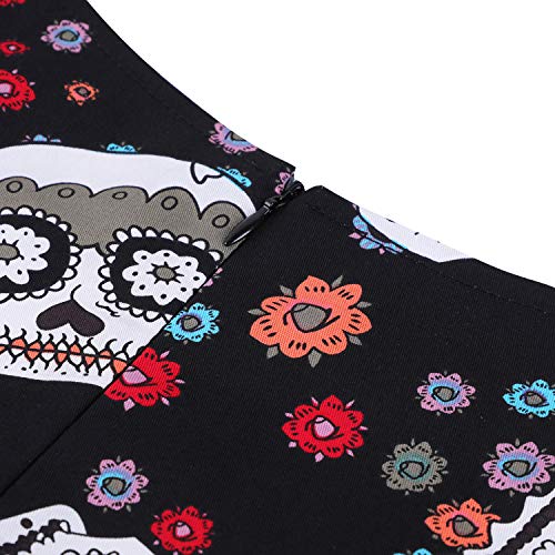 oten Women's Christmas Polka Dot Sugar Skull Vintage Swing Retro Rockabilly Cocktail Party Dress Cap Sleeve Black