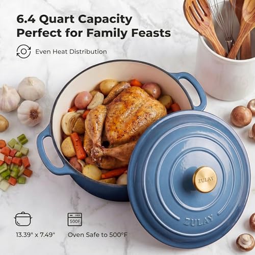 Image of Zulay Kitchen 6.4QT Enameled Cast Iron Dutch Oven Pot with Lid, Heavy-Duty Soup Pot for Stews, Braising, Roasting & Sourdough Bread Baking, Oven Safe up to 500F - Aquamarine
