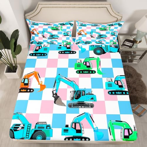 Cartoon Cars Full Size Fitted Sheet,Cute Excavator Equipment Construction Vehicles 3 Pieces Kids Teenager Room Decor Geometric Pink Blue Checker Plaids Pocket 2 Pillowcases