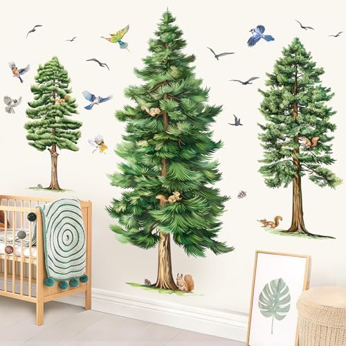 wondever Large Pine Tree Wall Stickers Watercolor Woodland Tree Birds Peel and Stick Wall Art Decals for Living Room Bedroom Baby Nursery — view 2