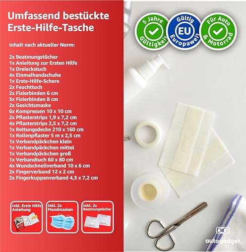 Verbandtas voor de auto met beademingsdoeken, verbanddoos voor de auto volgens de huidige norm 2024, DIN13164:2022, EHBO-set, voldoet aan het Duitse verkeersreglement - Afbeelding 3