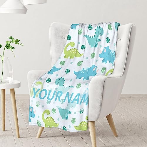 Personalized Dinosaur Blanket Gifts with Name - 30"x40" Cute Throw for Girls & Boys - Blue Soft Fuzzy Blankets for Couch & Office