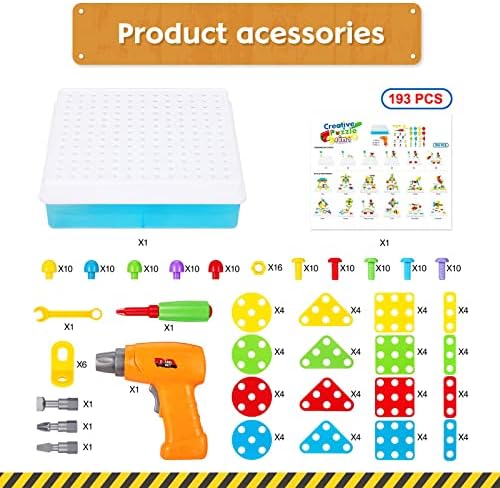 Electric Drill Toy Set 4 in 1 Creative Puzzles Assembly DIY Toy Construction Building Toy with Electric Drill Screwdriver Peg Board Mosaic Toy Educational Construction Set for Kids Boys Girls (193pcs)