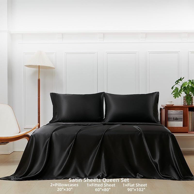 Image of Lanest Housing Silk Satin Sheets, Queen Size Satin Bed Sheet Set with Deep Pockets, Cooling Soft and Hypoallergenic Sheets Queen - Black