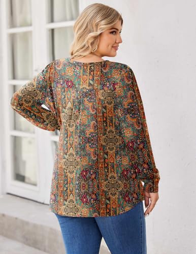 Image of IN'VOLAND Womens Plus Size Shirts V Neck Puff Long Sleeve Tops | Loose Fit, Dressy Casual Blouse, Pleated, Fall Outfits, Business Work TShirts, Basic Tees