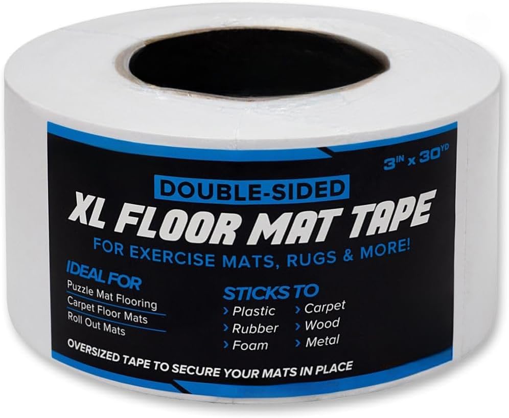 Double-Sided XL Floor Mat Tape, 5cm x 20m, Strong Adhesive for Exercise Mats and Rugs, White