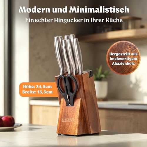 EDELHAUS Messerblock mit Messer - 9 Teiliges Profi Messerset mit Block & integriertem Messerschärfer, Küchenmesser Set aus X50CRMOV15 EDELSTAHL, Edelstahlgriffe Messer Set mit Schere, Akazienholzblock