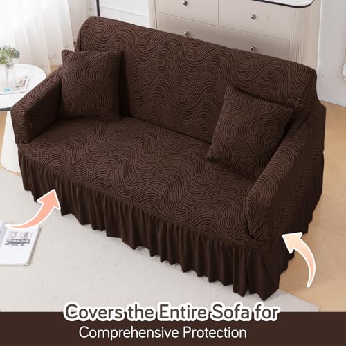Image of HOKIPO 2 Seater Sofa Cover with Frill - 240 GSM Premium Jacquard Stretchable Fully Covered Slipcover, 'Serene Wave Series' Dark Chocolate (AR-6353-DCHOC)