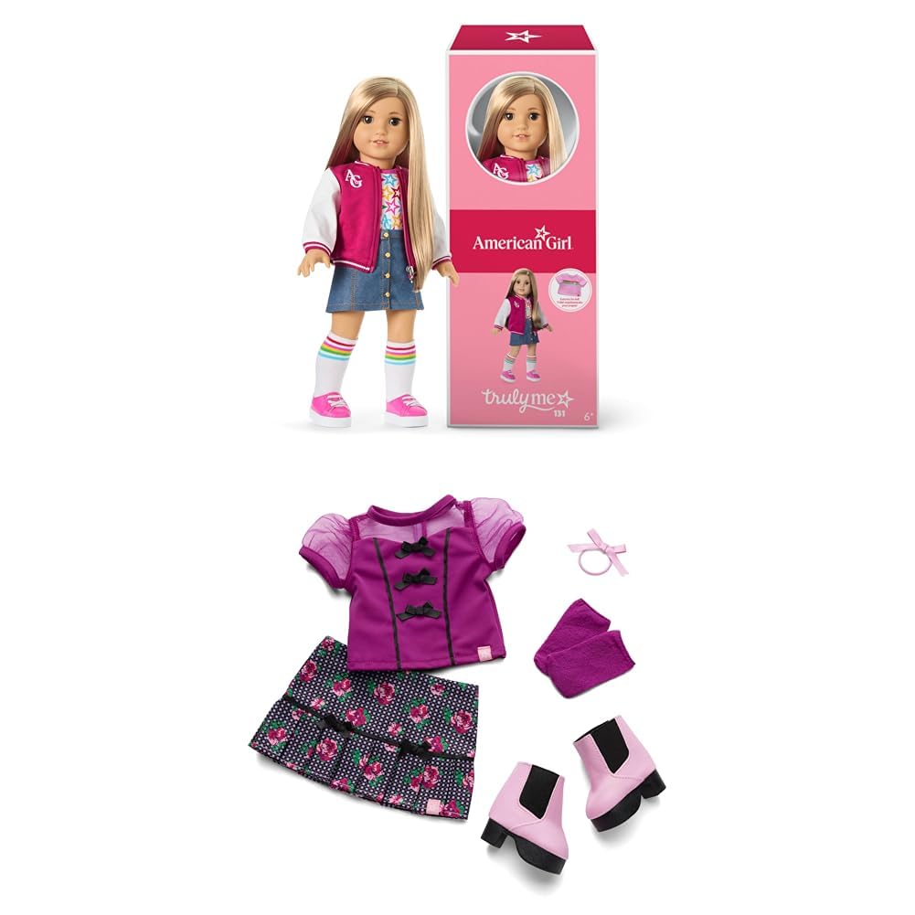 Bundle of American Girl, Truly Me 18-inch Doll #131 with Brown Eyes, Straight Blonde Hair, Light-to-Medium Skin, for Ages 6+ + Truly Me 18-inch Doll Outfit, Bows &amp; Blooms Outfit, for Ages 6+