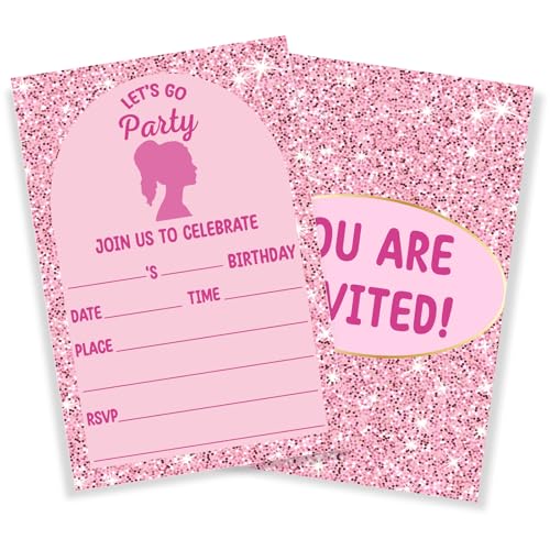 VGoghex Pink Girl Birthday Party Invitations Cards with Envelopes Set of 20 Modern Party Invitations Birthday Celebration Supplies