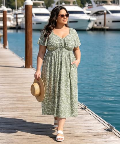 Image of CARCOS Plus Size Dresses for Curvy Women Tie Sweetheart Neck Summer Maxi Dress Short Sleeve Empire Waist Floral Boho Dress