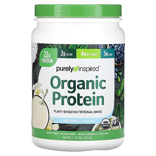 Purely Inspired Organic Protein Shake Powder, 100% Plant Based with Pea & Brown Rice Protein (Non-GMO, Gluten Free, Vegan Friendly), French Vanilla, 1.5lbs