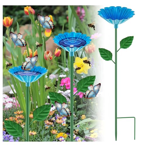 Tandefio 1 Pcs Bee Bath Watering Station 25 x 2. 6 Inch Metal Vivid Flower Bee Feeder in Garden Butterfly Feeder for Outside Colorful Butterfly Bath Bowl for Bird Thirsty Pollinators Yard(Blue)
