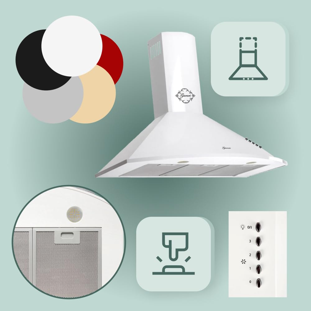 GURARI Campana extractora de pared 90 cm GCH C 046 WH 9 N, color blanco, 1000 m³/h, 3 niveles de potencia, filtros metálicos lavables, recirculación o salida de aire, clase energética B