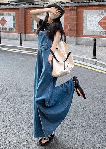 Image of chouyatou Women's Adjustable Strap Distressed Denim Overall Dress A-Line Back Split Pinafore Bib Jean Dress