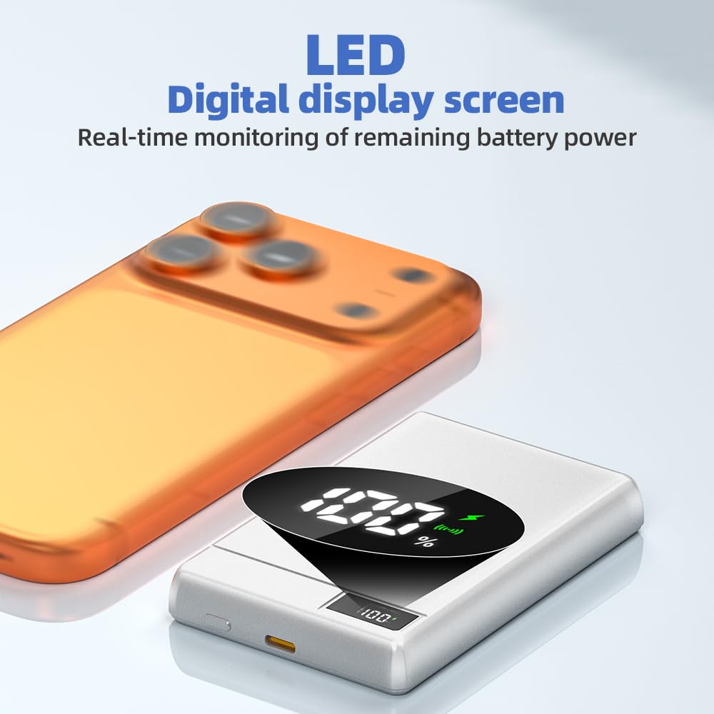 Batterie externe magnétique sans fil 10 000 mAh compatible avec MagSafe, 20 W PD USB-C Charge rapide, chargeur portable fin avec écran numérique pour smartphone, écouteurs et montre, finition