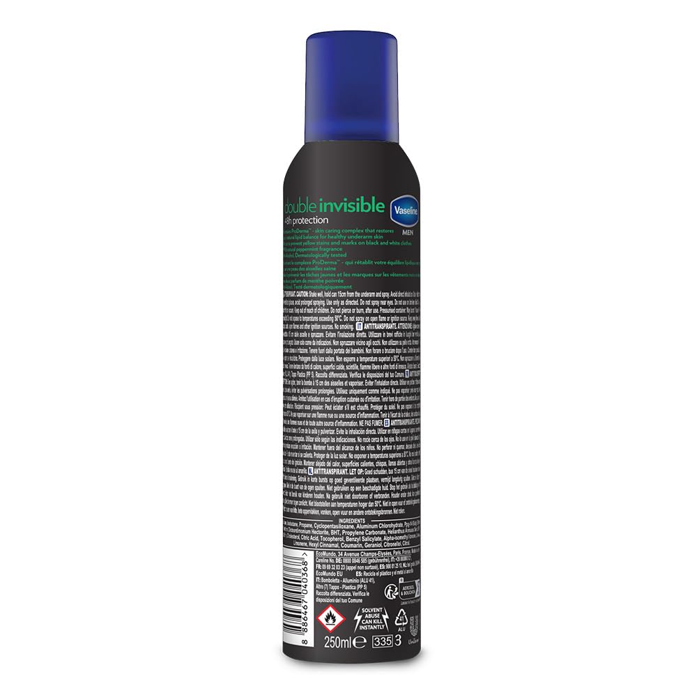 Vaseline Double Invisible (męski) Pro-derma Spray Antyperspirant 250 ml | 48 h ochrona przed potem i długotrwała świeżość, 6 sztuk