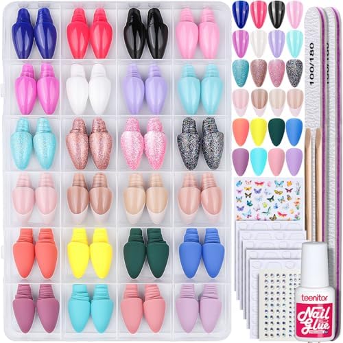 Teenitor Press on Nails Almond, 24Pack 576Pcs Short Almond Press on Nails, Matte Glossy French Tip Press on Nails, Glitter Fake Nails