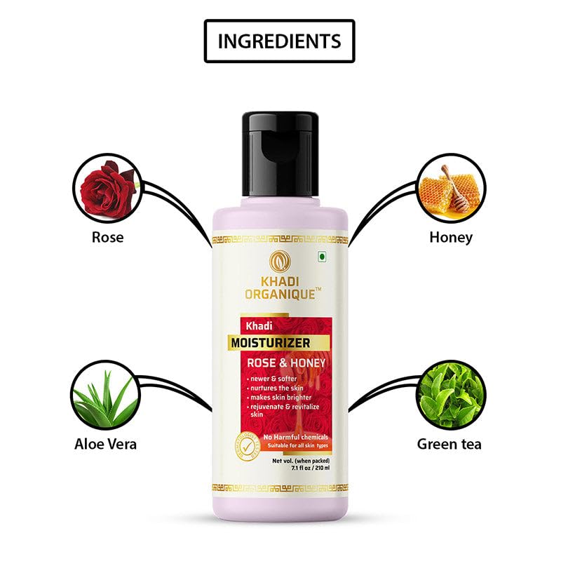 Image of Khadi Organique Rose & Honey Moisturizer For Face | Brightens Skin, Nourishes & Hydrates | Suitable for Men & Women | Youthful Glow | 210ml x 1 (210 ml)