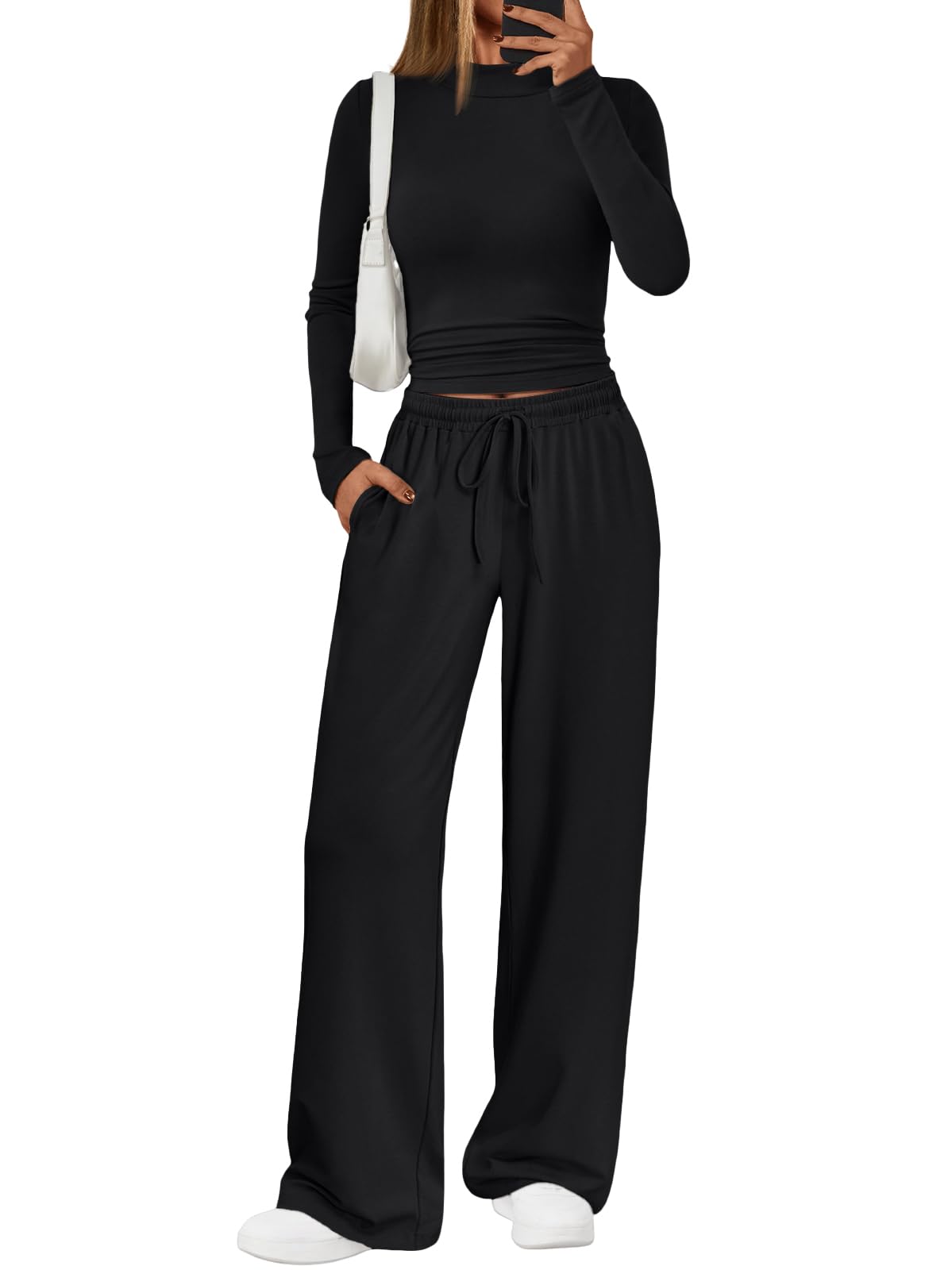Trendy Queen Womens 2 Piece Matching Lounge Set Mock Turtleneck Top Wide Leg Pants Casual Sweatsuit with Pockets