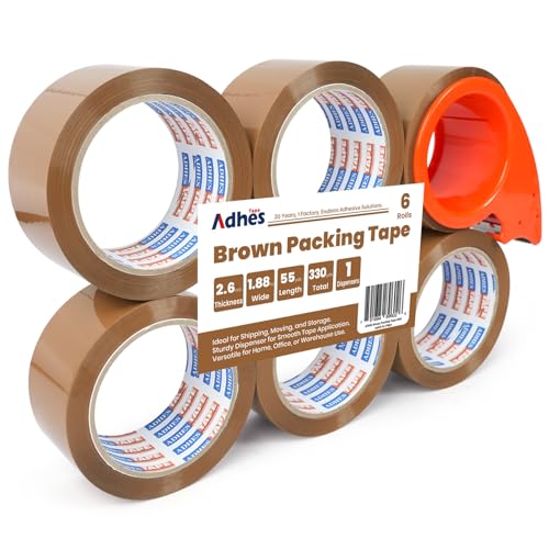 Image of ADHES Brown Packing Tape with Dispenser, 2.6Mil, 1.88 Inch x 55 Yards