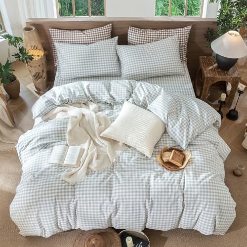 Image of MooMee Gingham Duvet Cover Set 100% Washed Cotton Linen Like Textured Breathable Durable Soft Comfy Modern Checkered Design (Northern Droplet Grey Gingham, Cal King 104 inchx98 inch)