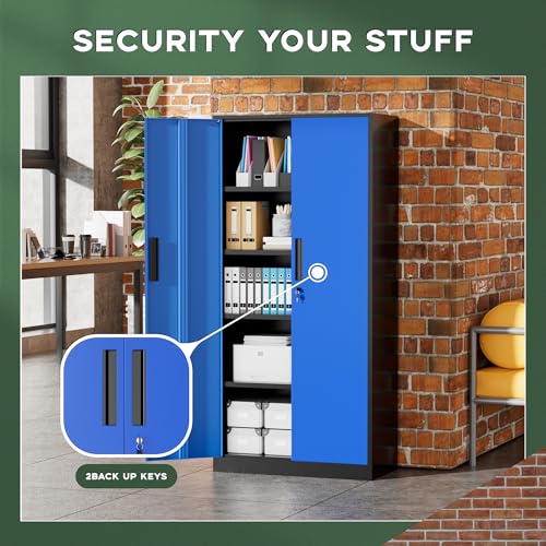 Image of Greenvelly Metal Storage Cabinet, 72 inch Locking Metal Garage Storage Cabinet with Doors and 4 Adjustable Shelves, Lockable Steel Cabinet for Home Office, Garage, Shop, School (Blue 32 inch W x 16 inch D)