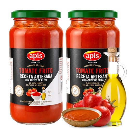 Tomate Frito Apis, Tomate frito Receta artesana con aceite de oliva, Elaborado con tomates de temporada cultivados al sol, Sin Gluten, Producto Español, Contiene 2 Tarros de cristal de 550 gr