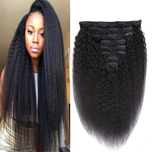 Clip in Hair Extensions Kinky Straight Hair 130 Gram 100% YAKI Human Hair Pcs Hair Extensions for Black Women Virgin Hair 20 Inch，#1B Natural Black