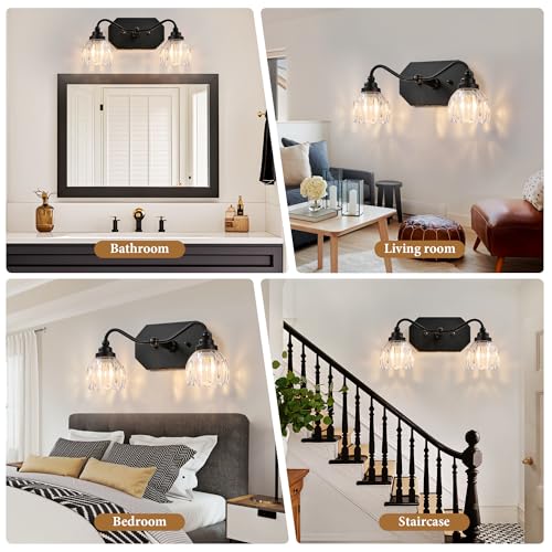 Image of Vintage Bathroom Light Fixtures, 2 Light Bathroom Vanity Light, Black Matte Antique Brass Finish with Crystal Glass Shade, Mid Century Wall Sconces for Bedroom, Living Room, Hallway