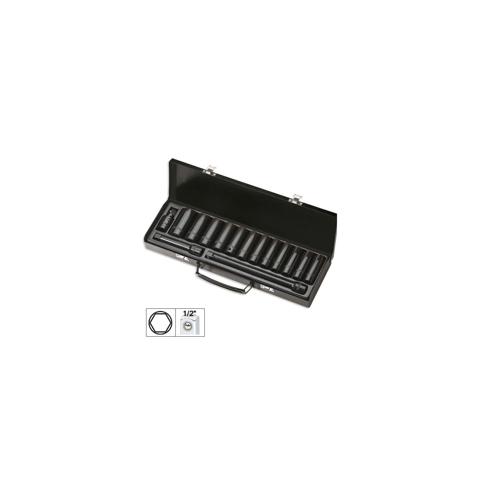SET DE 15 PIEZAS DE IMPACTO CON 12 VASOS LARGOS DE 1/2" HEXAGONALES + ADAPTADORES