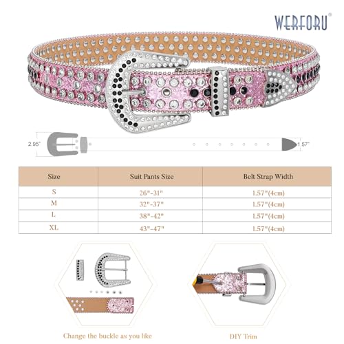 Image of WERFORU Women Men Western Rhinestone Studded Leather Belt Unisex Bling Cowgirl Cowboy Waist Belt for Jeans Pants Dress