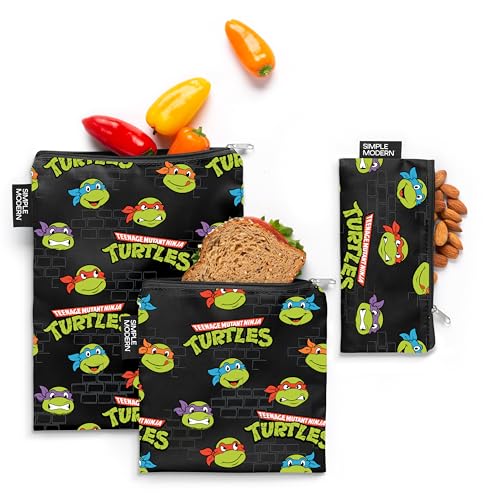 Image of Simple Modern Nickelodeon Viacom Reusable Snack Bags for Kids | Food Safe, BPA Free, Phthalate Free, Polyester Zip | Washable & Refillable Sandwich Bag | Ellie Collection | 3 pack | TMNT Turtles Unite