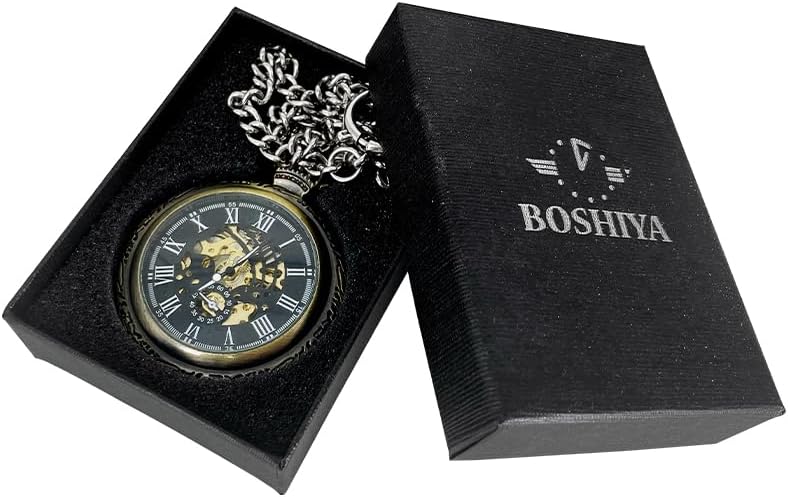 BOSHIYA Vintage Mechanical Pocket Watches for Men Luminous Steampunk Pocket Watch with Chain Golden Skeleton Dial Roman Numberals Pocketwatch Gifts for Fathers Day