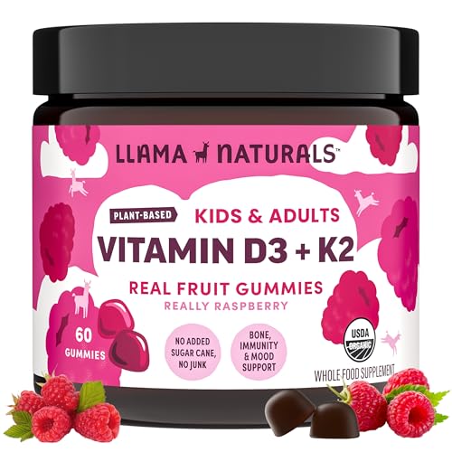 Llama Naturals Vitamin D3 Vegan Organic Immune Support Supplement Vitamin D Gummies for Adults and Kids Real Fruit Gummy Vitamins Promotes Bone Health No Added Sugar Cane Raspberry 60 Ct