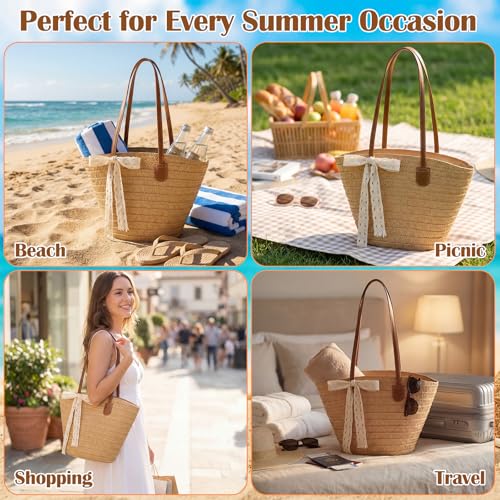 Bolso de paja tote grande para mujer con bolsillo interior con cierre miniatura 6