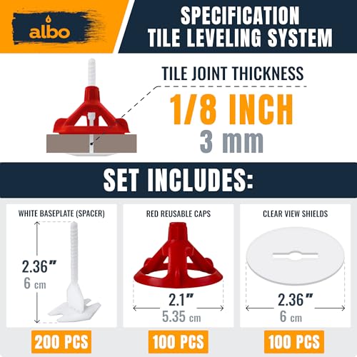 ALBO Tile Leveling System Set 1/8 inch - 200 PCS - Professional Floor & Wall Spacer Kit with Reusable Caps & Protection Plates - Anti-Lippage Installation Tools for Large and Small Tile Formats by Albo - Image 2