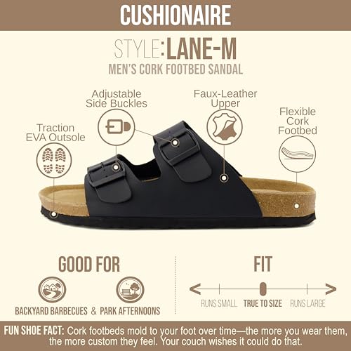 Image of CUSHIONAIRE Lane Cork Footbed Mens Sandals, Adjustable Buckle Comfort Slides for Men, Genuine Leather Insole Summer Sandals Men Footwear