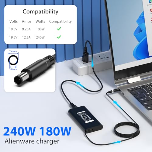 Image of 240W 180W 7.4mm Tip Laptop Charger Compatible with Dell Alienware 13 15 17 R1 R2 R3 R4 X51 M17 M15 M17X M18X,Dell Precision 17 7710 7730 7670 7780 7770 M6500 M6700 Adapter Power Cord