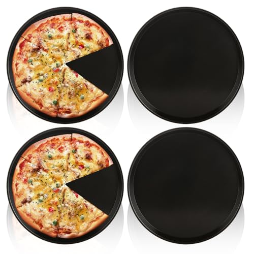 VIDETOL 4 Pack 12 inch Pizza Trays for Oven Non Stick, Non-Stick Round Pizza Pan, Carbon Steel Pizza Oven Trays for Baking and Serving, Less-Stick and Rust Resistant, Black