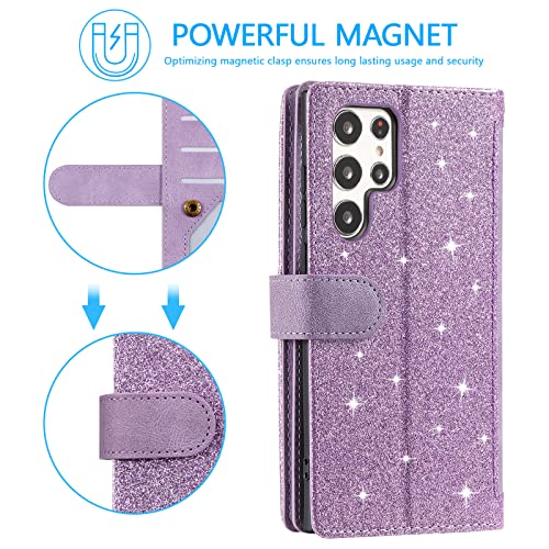 UEEBAI Wallet Case for Samsung Galaxy S24 Ultra 5G, Retro 9 Card Holder Slots Zipper Pocket Handbag Case PU Leather Magnetic Closure Kickstand with Wrist Strap Shockproof Flip Case - Glitter Purple by UEEBAI - Image 4
