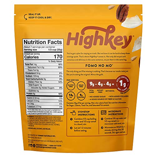 HighKey Snacks Keto Breakfast Hot Cereal - Instant Low Carb, Gluten Free Food - High Protein Oatmeal Snack - Perfect Ketogenic Friendly Products - Diabetic Diets - Grits - Cinnamon Spice