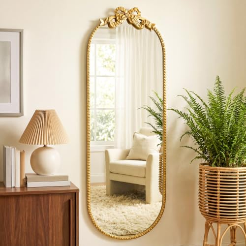 Image of Vercraft Gold Bow Mirror 47 inch X 16 inch Vintage Arched Vanity Wall Decorative Mirror with Metal Frame Antique Baroque Bow Decor for Home Dressing Table Entryway Bathroom Hallway Living Room