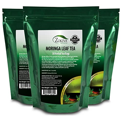 Moringa Tea Organic 3-Pack 90 Herbal Tea Bags All-natural, Antioxidant-rich, Caffeine-Free Energy Booster by Zokiva