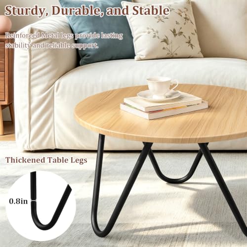 Image of Round Coffee Table 23.6 inch Small Coffee Table for Living Room Modern Circle Center Table with Metal Frame Wood Sofa Table for Reception Room Home Office Natural Color