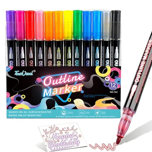 Toced Glitter Pens Outline Marker Pen Arts and Crafts Gift for Kids Teenage Girl Gifts 12 Sparkle Metallic Colouring Pens Birthday Gifts for 4-12 Year Old Girls